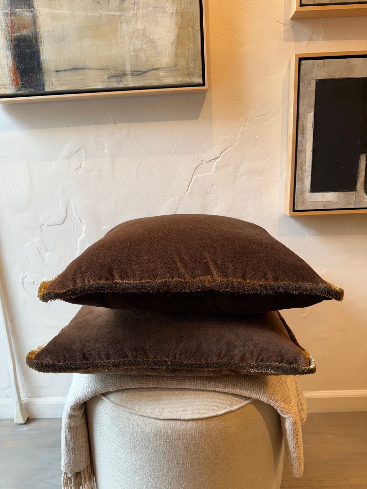 Velvet Chocolate pillows with bronze fringe trim