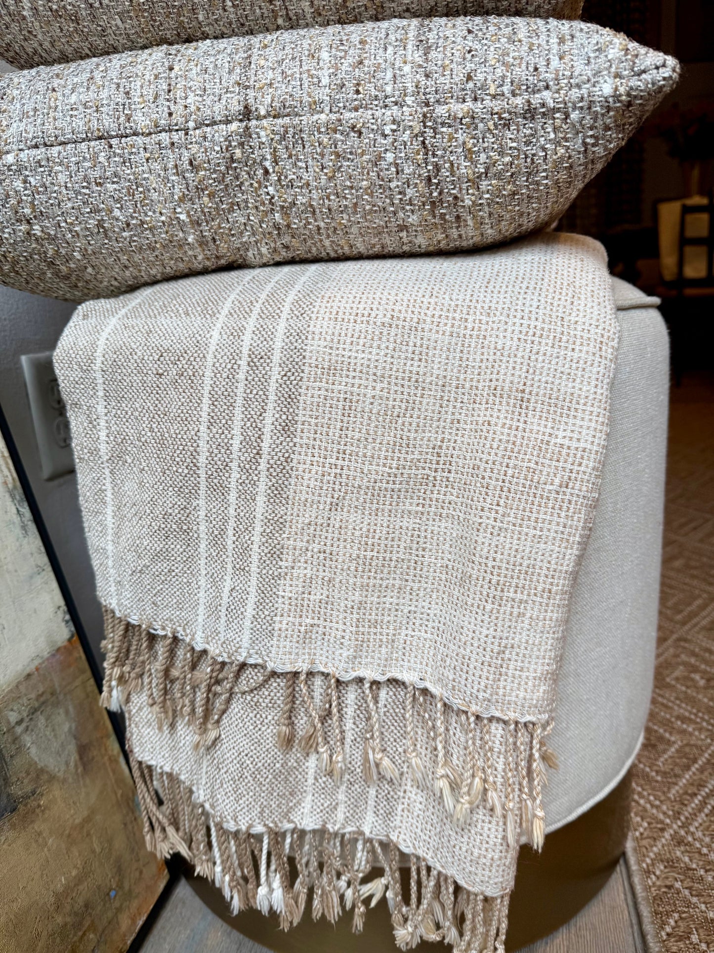 Striped Cotton Throw Blanket with Fringe