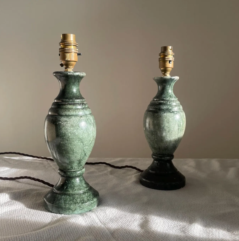 Pair of Antique Marble Lamps, Jute Shades