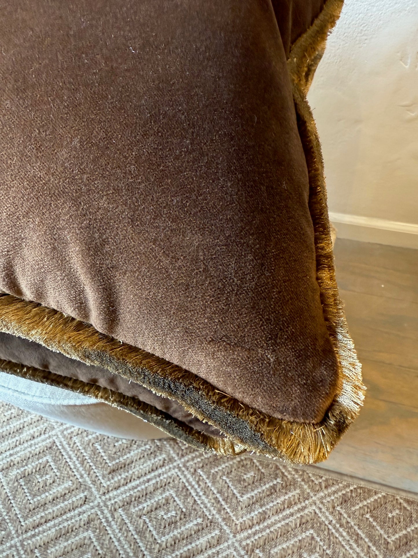 Velvet Chocolate pillows with bronze fringe trim