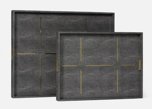 Charcoal Shagreen Tray with Brass Details - Large