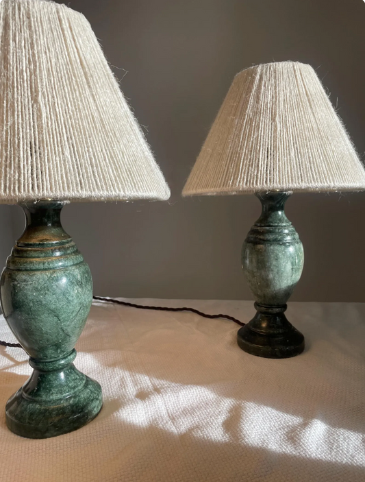 Pair of Antique Marble Lamps, Jute Shades